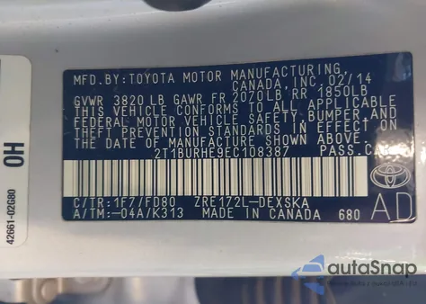 2014 Toyota Corolla S Plus from USA, damaged, VIN 2T1BURHE9EC108387